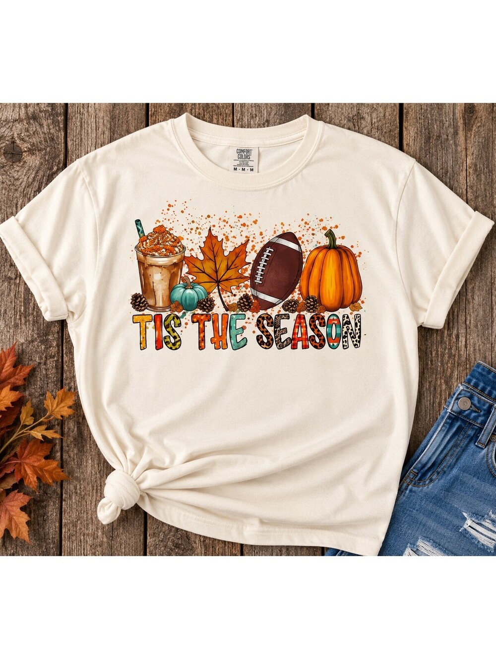 Cream Tis the Season Fall Football Graphic T-Shirt
